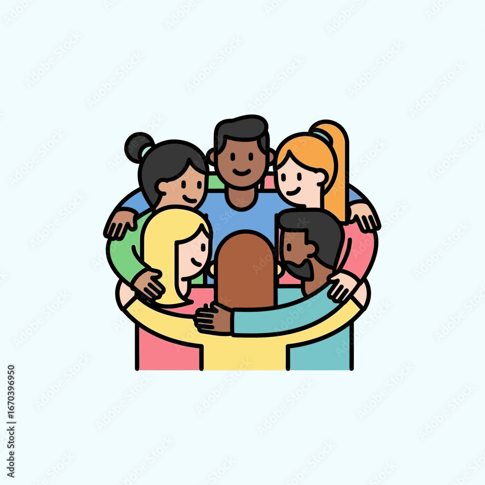 Diverse group of people embracing in a circle. Diverse group of people embracing in a circle.