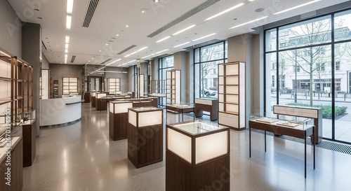 Modern jewelry store interior with illuminated display cases and