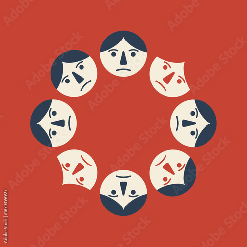 Stylized faces arranged in a circular pattern on a red background.