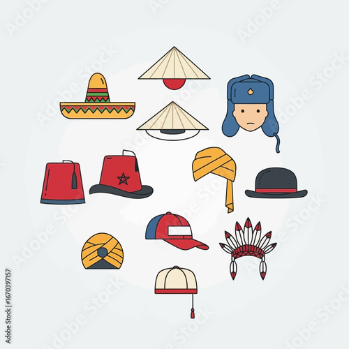 Collection of diverse headwear from around the world.