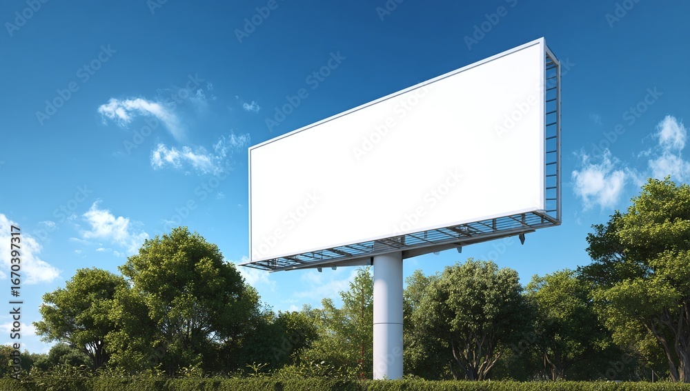 Fototapeta premium Large blank white billboard structure stands tall under a bright blue sky and green trees
