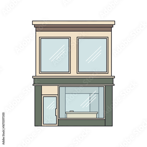Building facade with storefront and upper windows on white background.