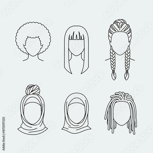 Six stylized line art illustrations of diverse hairstyles.