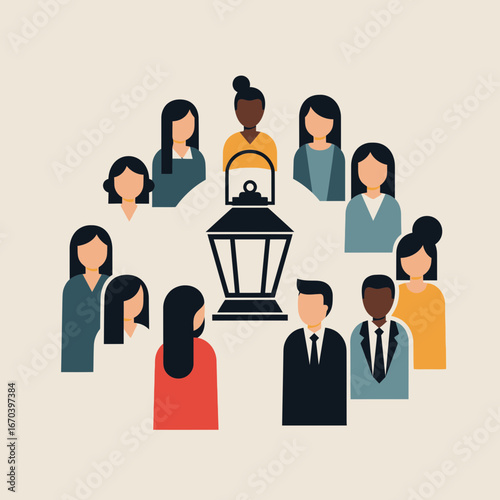 Diverse group of people gathered around a lantern.