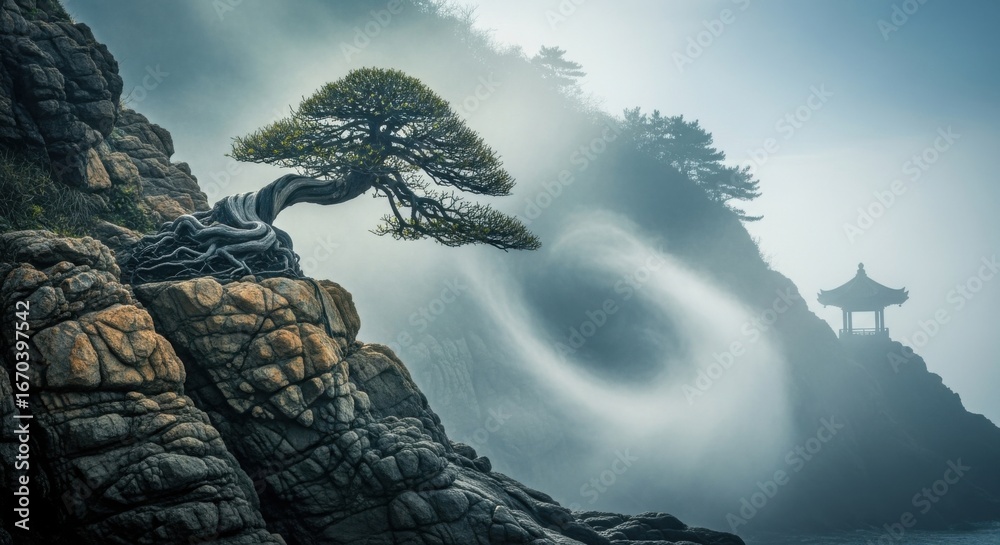 Fototapeta premium Mystical Mountain Landscape with Twisted Tree and Foggy Atmosphere in Asian Style