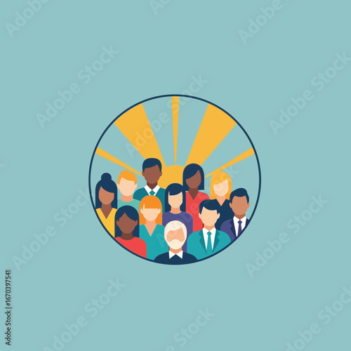 Diverse group of people gathered in a circle with radiating lines.