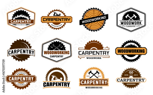 Carpentry woodwork vector icons of construction and timber industry. Carpenter work tools with wooden log cuts and saw blades isolated brown badges set. Carpentry saw, axe, and jack plane emblems