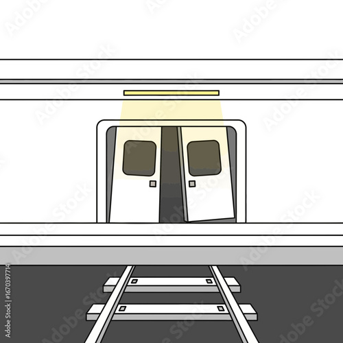 Train waiting at a station platform with tracks in foreground.