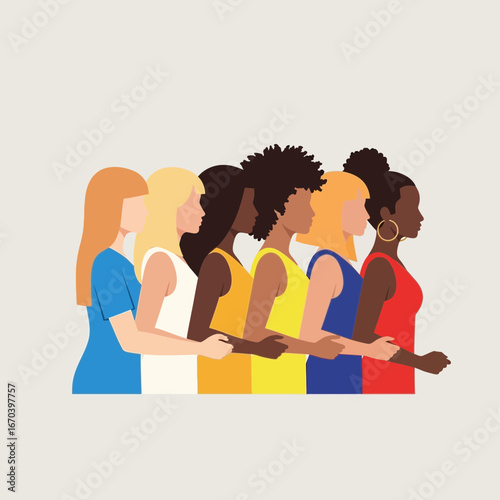 Diverse women stand together holding hands in solidarity.