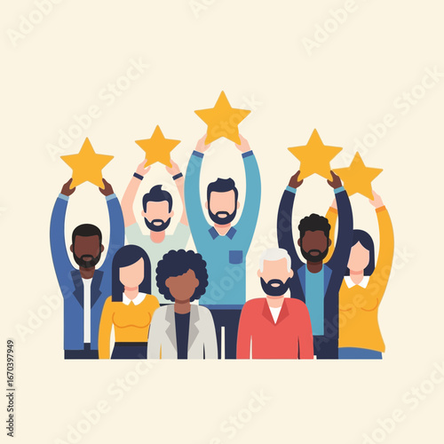 Diverse group of people holding golden stars above their heads.