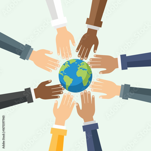 Diverse hands reach towards a globe symbolizing unity and global connection.