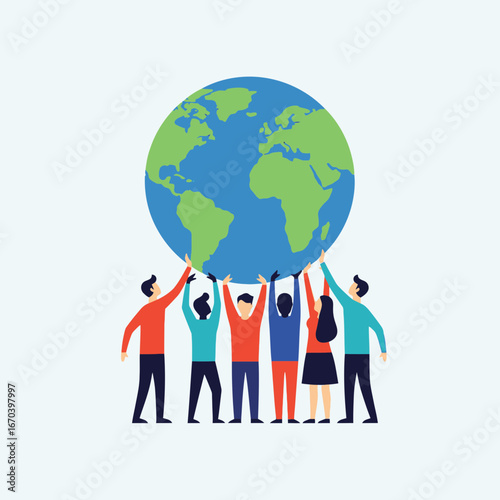 Diverse group of people holding up the planet earth.