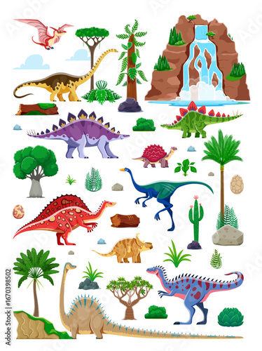 Prehistoric era landscape with dinosaurs characters and plants. Vector jurassic reptiles and dino eggs, jungle forest trees and waterfall. Cartoon diplodocus, pteranodon and stegosaurus dinosaurs