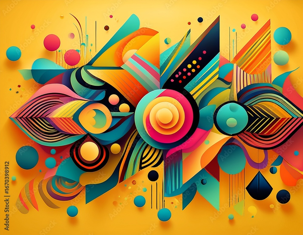 Obraz premium vibrant abstract design featuring colorful geometric shapes and patterns on a yellow background