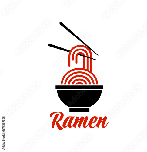 Ramen noodles icon featuring a black bowl with red swirling noodles lifted by chopsticks. Vector emblem for Japanese cuisine menu, food branding, Asian restaurants or noodle packaging label
