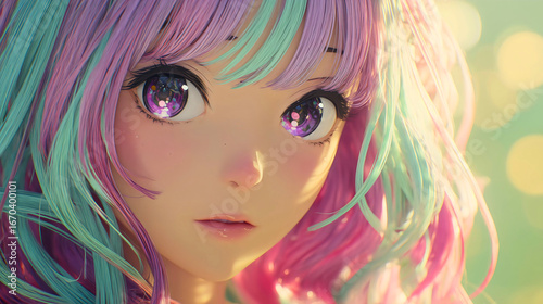 Anime girl with dyed hair and a ponytail, with beautiful purple eyes.
