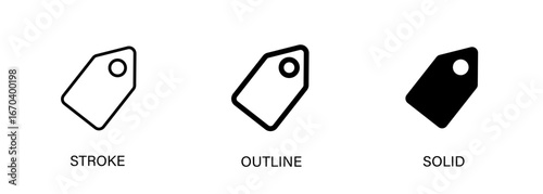 Tag icons with editable stroke, outline and solid styles. Vector icons representing price tags, tags and keywords.