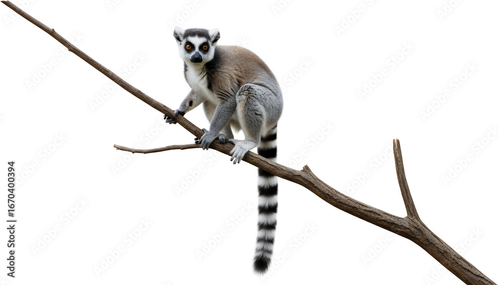 Naklejka premium Ring tailed lemur clinging to a branch with striped tail clear isolation ringtailed lemur primate animal transparent background