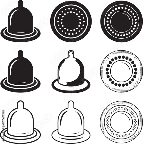 Assortment of condom and birth control icons in black and white contraception safe sex