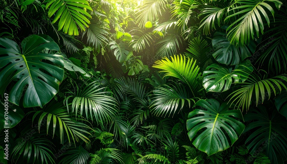 Fototapeta premium A lush wall of tropical foliage, with a variety of bright green leaves in soft sunlight.