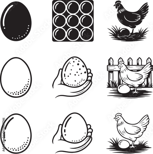 Chicken and Egg Icons with Farm and Hatchery Themes grass