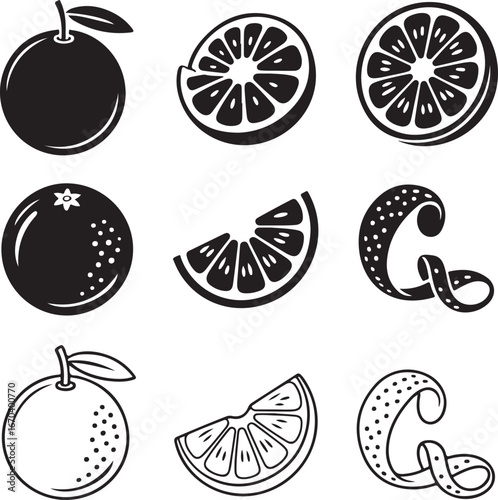 Citrus Fruit Icons Displaying Whole Oranges Sliced Oranges and Decorative Curls segment whole fruit