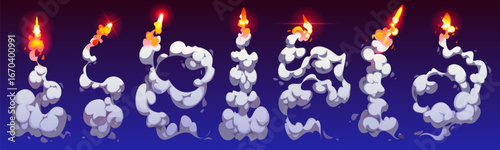 Cartoon rocket smoke trails game asset with dynamic fire and clouds in looping shapes. Vector space jet flames, airplane or shuttle contrails, missile path, explosion trail with thick swirling smoke