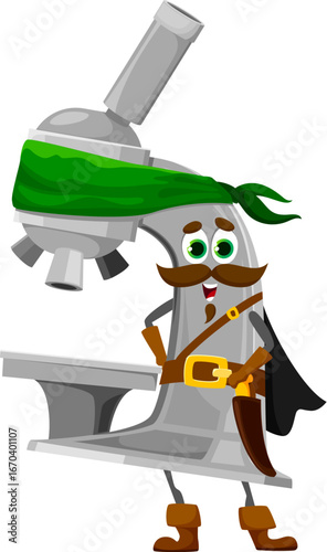 Cartoon microscope education school stationery pirate and corsair crew character. Isolated vector scientific supply personage in bandana and cape, ready to explore the microscopic world with curiosity