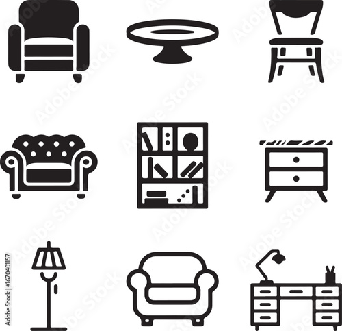 Collection of Furniture Icons in Black and White Silhouette Style armchair chair