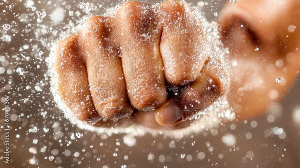 Fototapeta premium A clenched fist punches through a burst of powder, symbolizing strength, energy, and impact.