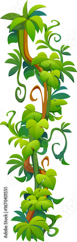 Vertical tropical jungle rain forest liana vine branch wrapped in lush green leaves and twisting tendrils. Cartoon vector hanging roots for game environments, tropical or exotic adventure landscapes