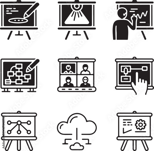 Collection of nine business presentation and technology icons featuring whiteboards video conferencing and data flow diagrams
