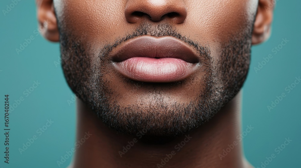 Obraz premium A close-up of a man's lower face with well-groomed facial hair against a teal background.