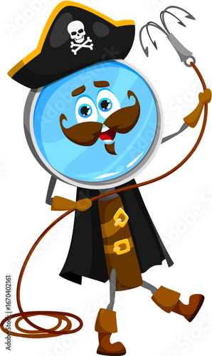 Cartoon loupe education school stationery pirate and corsair crew character with grappling hook. Isolated vector magnifying glass supply personage in tricorn hat, ready for adventure on the high seas