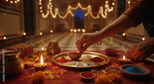 Diwali preparation at home. Woman arranging puja thali, with diyas, flowers, and colored powders, creating a festive & spiritual atmosphere. Perfect for culture projects.
