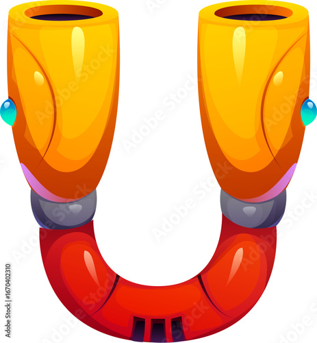 Robot font of cyborg machine gear typeface for cartoon English alphabet, vector type. Robot engineering font of mechanical hand or robotic arm part, letter U as cyborg transformer mechanism type