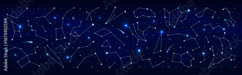 Border of blue star constellation. Night sky map, mystic astrology background. Vector pattern for astronomy, esoteric, tarot, magic and mystic horoscope. Chart of visible celestial objects positions