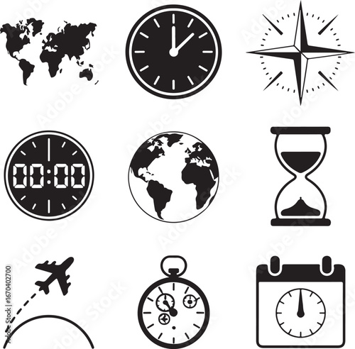 Global Travel and Time Management Icons Collection world map globe