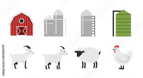 Charming farm animals including goats, sheep, and chickens with a classic red barn and silos, perfect for agricultural or educational projects, originally a scalable graphic