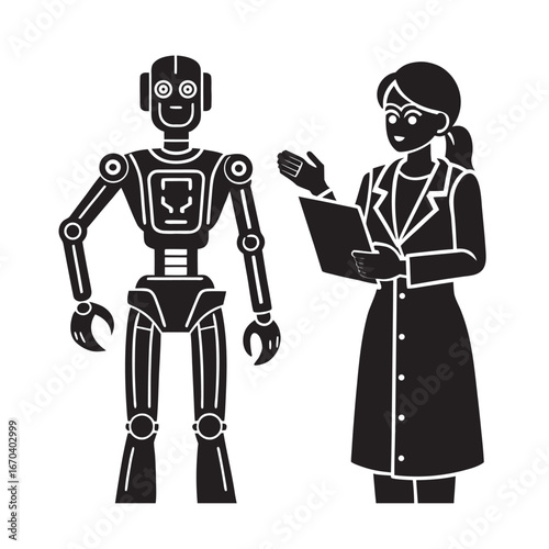 Scientist Training Robot Technology Silhouette Vector