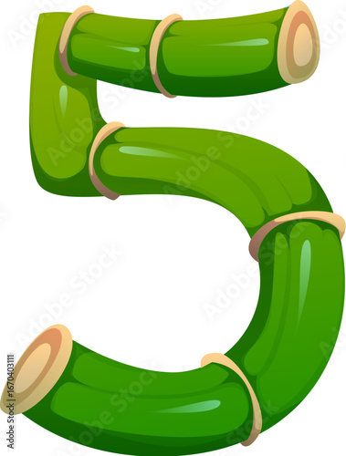 jungle bamboo branch font digit 5 five. Forest bamboo font number, Japan tropical plant isolated cartoon vector math typeface digit. China jungle nature and eco alphabet type numeral symbol