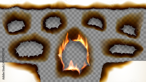 Realistic paper fire burn edges and hole with scorched borders and glowing fire flames effects. 3d vector gaps with burning blazing tongues on sheet. Torn and ripped frames isolated layouts set