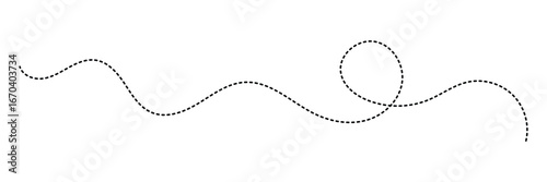 Hand drawn curve dotted line. Curly dotted line. Long dashed hand drawn squiggle. Dotted spiral curve line. Vector illustrator