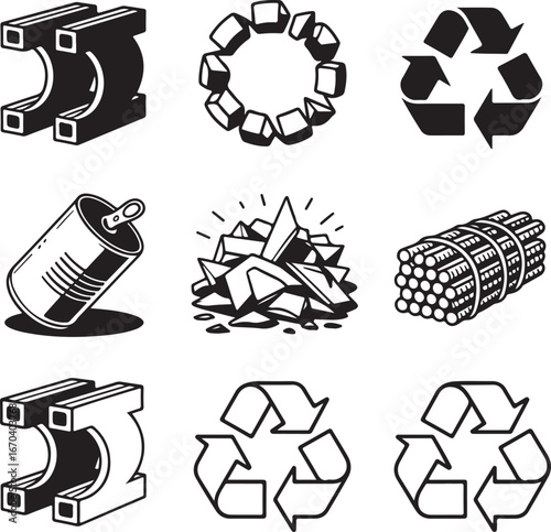 Nine black and white icons representing recycling, construction materials, and industrial elements recycle symbol