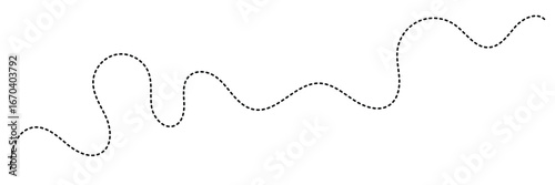 Hand drawn curve dotted line. Curly dotted line. Long dashed hand drawn squiggle. Dotted spiral curve line. Vector illustrator