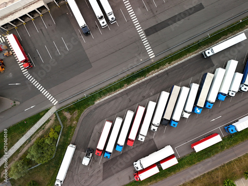 Aerial View of Semi Trucks at Logistics Hub – Industrial Transport and Freight Concept