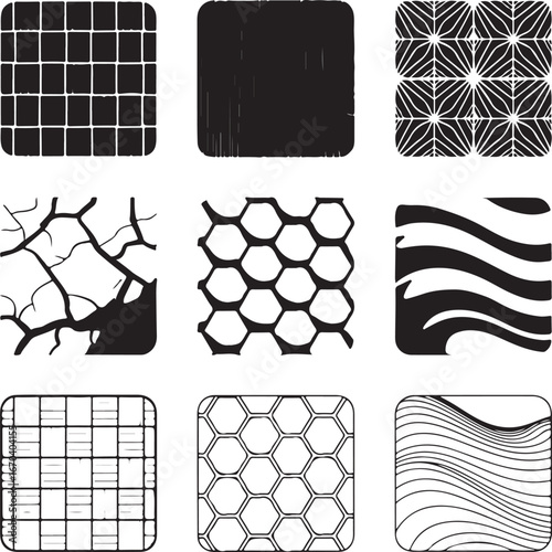 Nine square black and white graphic patterns and textures abstract