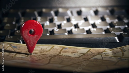 Mapping your journey a red location pin marks the route on a keyboard and map urban environment digital exploration