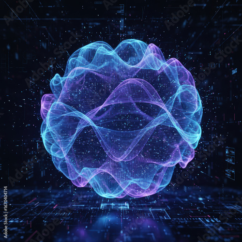 Abstract neon 3D glowing sphere of blue and purple waves with energy particles