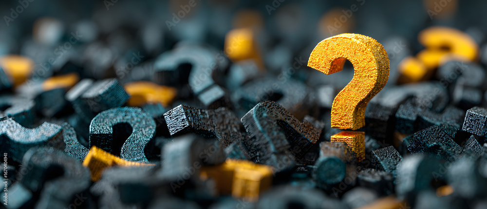 Large pile of dark blue qustion mark symbols, one goden on top - 3D illustratin